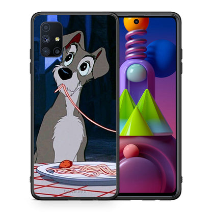 Θήκη Αγίου Βαλεντίνου Samsung Galaxy M51 Lady And Tramp 1 από τη Smartfits με σχέδιο στο πίσω μέρος και μαύρο περίβλημα | Samsung Galaxy M51 Lady And Tramp 1 case with colorful back and black bezels