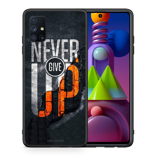 Θήκη Αγίου Βαλεντίνου Samsung Galaxy M51 Never Give Up από τη Smartfits με σχέδιο στο πίσω μέρος και μαύρο περίβλημα | Samsung Galaxy M51 Never Give Up case with colorful back and black bezels