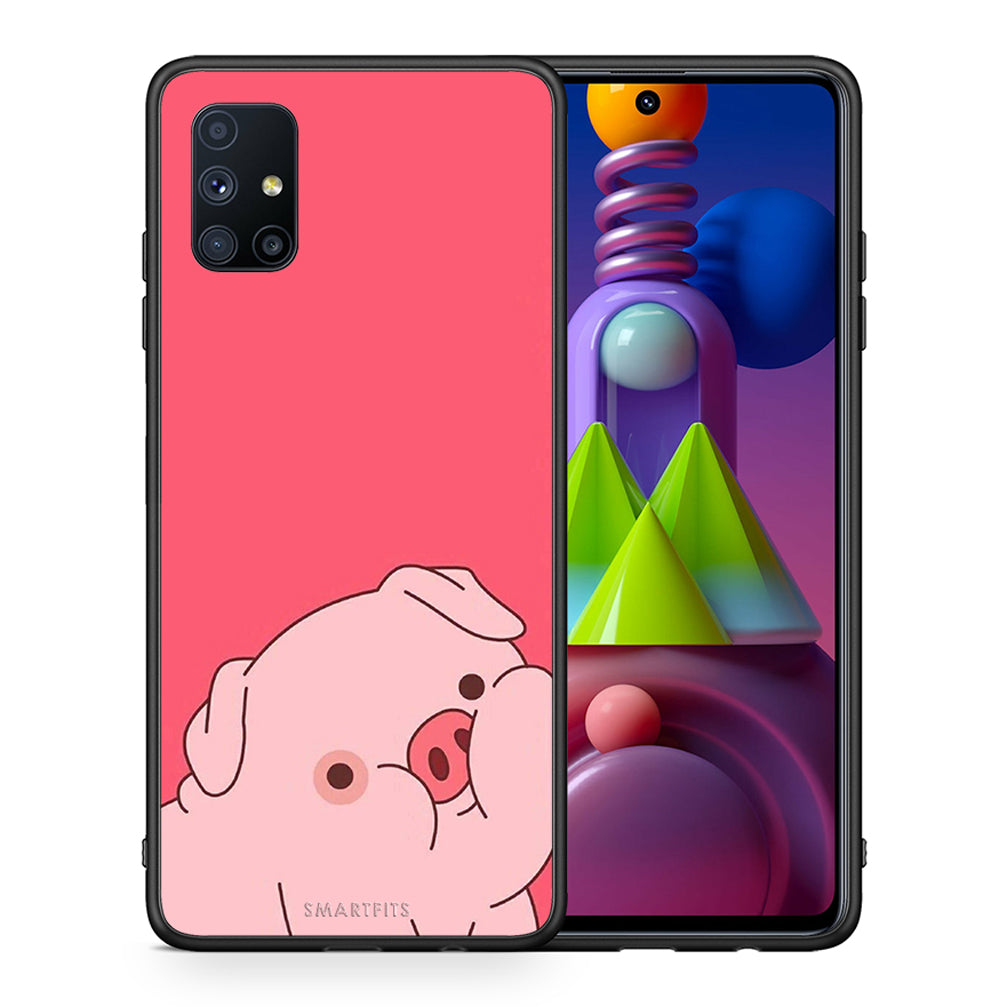 Θήκη Αγίου Βαλεντίνου Samsung Galaxy M51 Pig Love 1 από τη Smartfits με σχέδιο στο πίσω μέρος και μαύρο περίβλημα | Samsung Galaxy M51 Pig Love 1 case with colorful back and black bezels