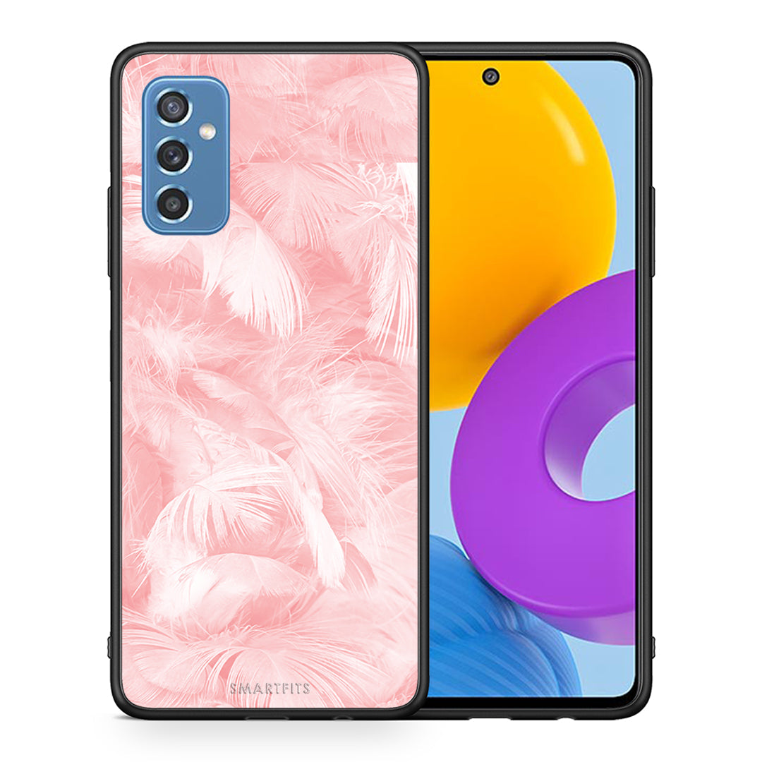 Θήκη Samsung M52 5G Pink Feather Boho από τη Smartfits με σχέδιο στο πίσω μέρος και μαύρο περίβλημα | Samsung M52 5G Pink Feather Boho case with colorful back and black bezels