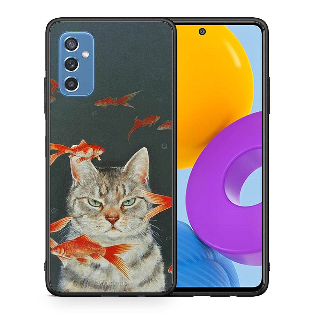 Θήκη Samsung M52 5G Cat Goldfish από τη Smartfits με σχέδιο στο πίσω μέρος και μαύρο περίβλημα | Samsung M52 5G Cat Goldfish case with colorful back and black bezels