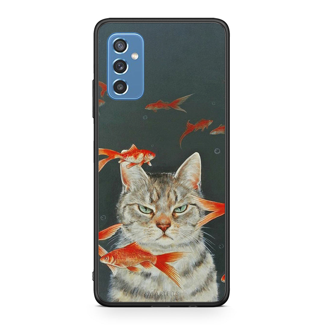 Samsung M52 5G Cat Goldfish θήκη από τη Smartfits με σχέδιο στο πίσω μέρος και μαύρο περίβλημα | Smartphone case with colorful back and black bezels by Smartfits