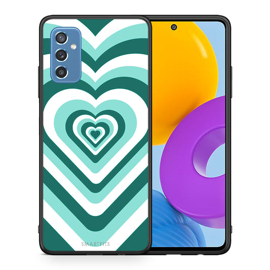 Θήκη Samsung M52 5G Green Hearts από τη Smartfits με σχέδιο στο πίσω μέρος και μαύρο περίβλημα | Samsung M52 5G Green Hearts case with colorful back and black bezels