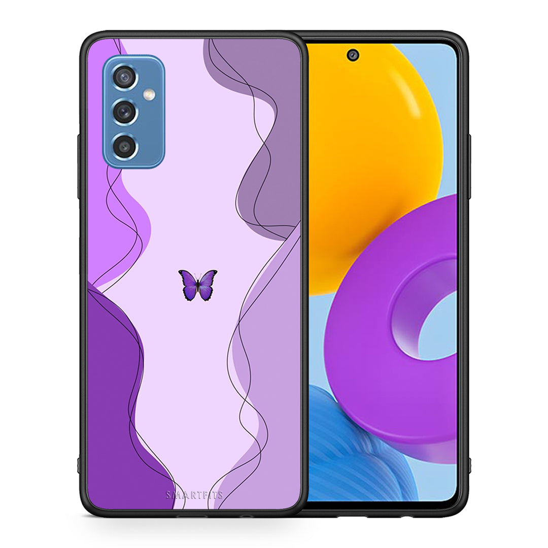 Θήκη Αγίου Βαλεντίνου Samsung M52 5G Purple Mariposa από τη Smartfits με σχέδιο στο πίσω μέρος και μαύρο περίβλημα | Samsung M52 5G Purple Mariposa case with colorful back and black bezels