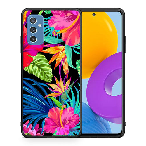 Θήκη Samsung M52 5G Tropical Flowers από τη Smartfits με σχέδιο στο πίσω μέρος και μαύρο περίβλημα | Samsung M52 5G Tropical Flowers case with colorful back and black bezels