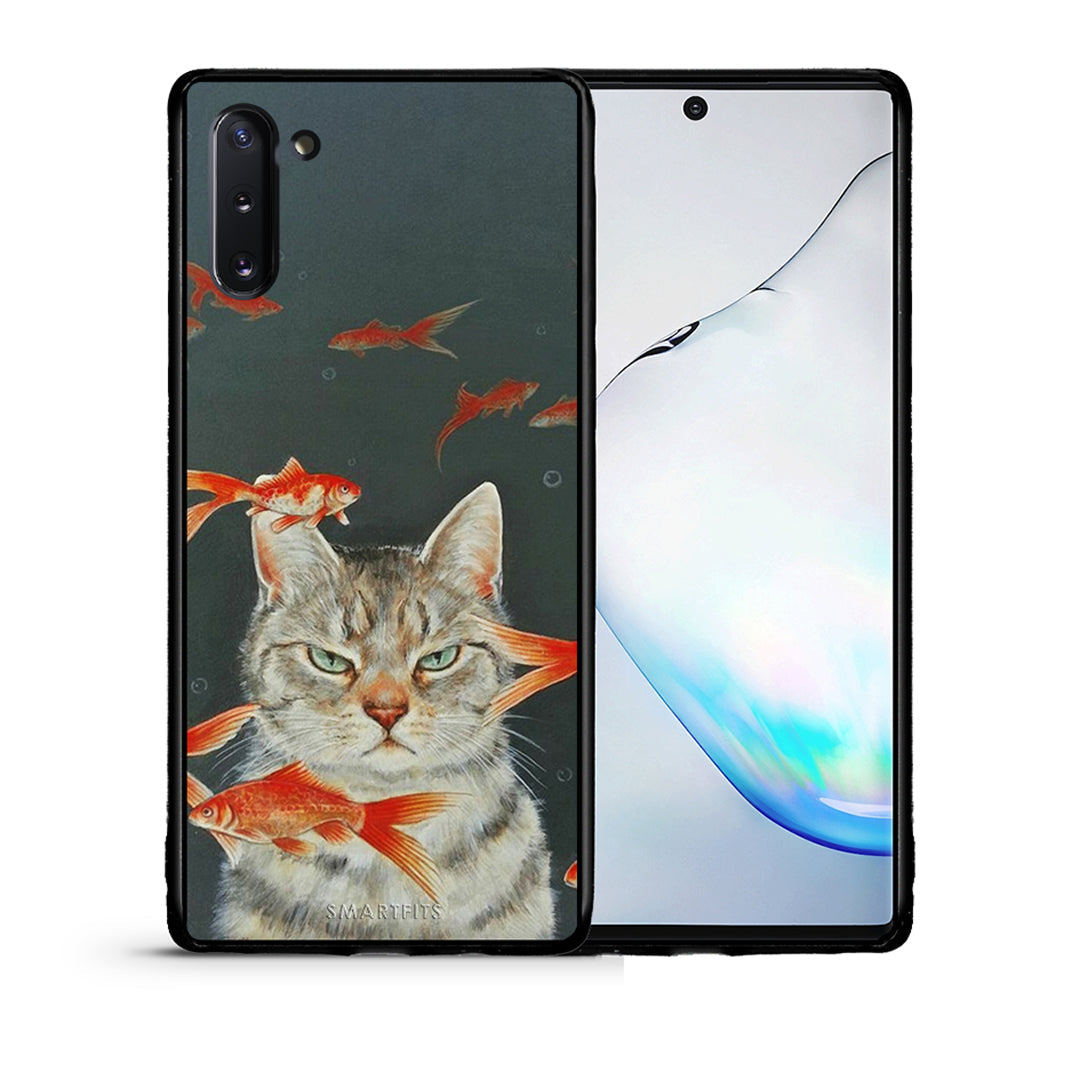 Θήκη Samsung Note 10 Cat Goldfish από τη Smartfits με σχέδιο στο πίσω μέρος και μαύρο περίβλημα | Samsung Note 10 Cat Goldfish case with colorful back and black bezels