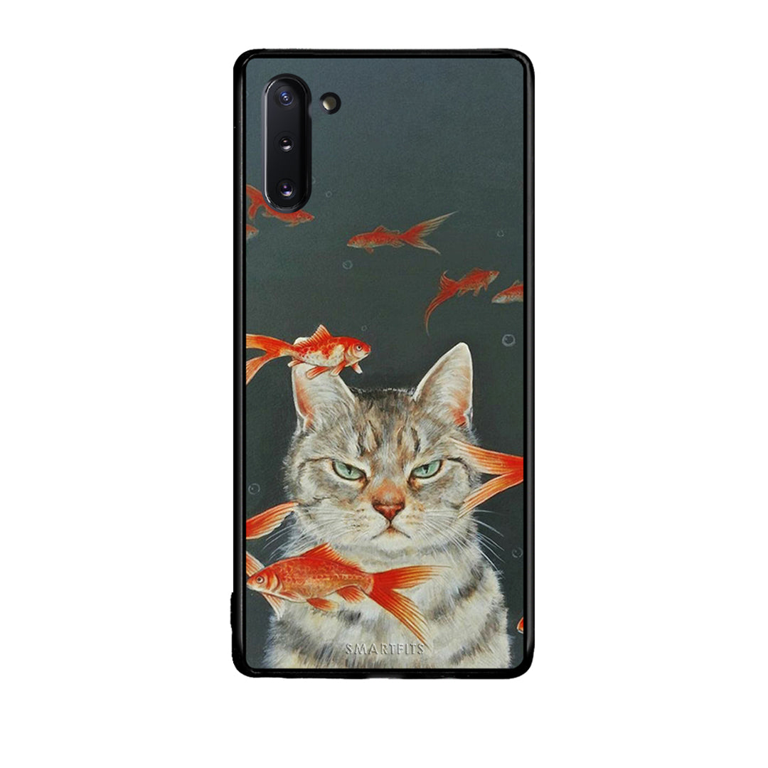 Samsung Note 10 Cat Goldfish θήκη από τη Smartfits με σχέδιο στο πίσω μέρος και μαύρο περίβλημα | Smartphone case with colorful back and black bezels by Smartfits