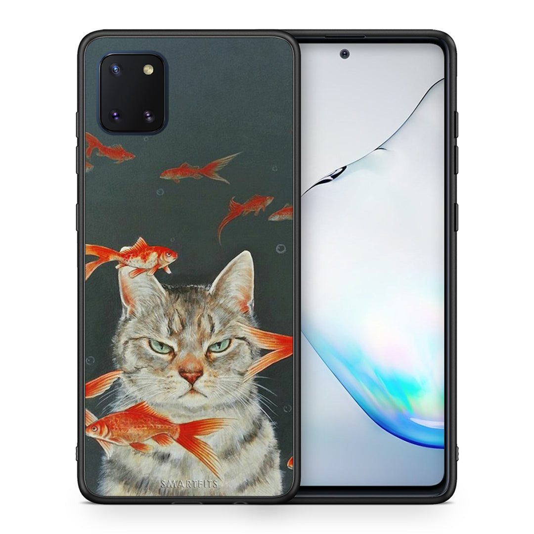 Θήκη Samsung Note 10 Lite Cat Goldfish από τη Smartfits με σχέδιο στο πίσω μέρος και μαύρο περίβλημα | Samsung Note 10 Lite Cat Goldfish case with colorful back and black bezels