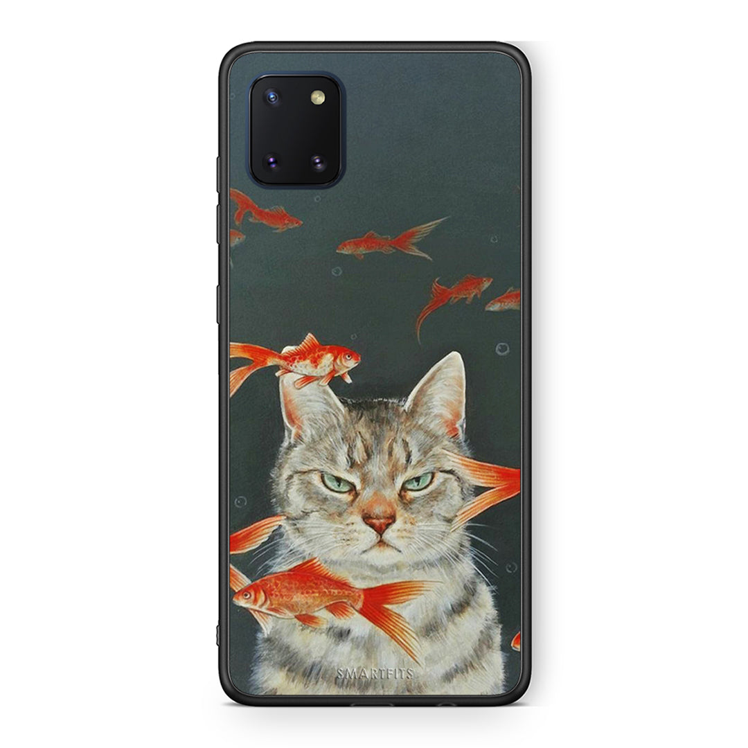 Samsung Note 10 Lite Cat Goldfish θήκη από τη Smartfits με σχέδιο στο πίσω μέρος και μαύρο περίβλημα | Smartphone case with colorful back and black bezels by Smartfits