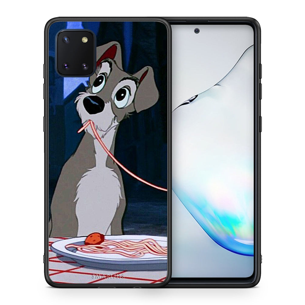Θήκη Αγίου Βαλεντίνου Samsung Note 10 Lite Lady And Tramp 1 από τη Smartfits με σχέδιο στο πίσω μέρος και μαύρο περίβλημα | Samsung Note 10 Lite Lady And Tramp 1 case with colorful back and black bezels