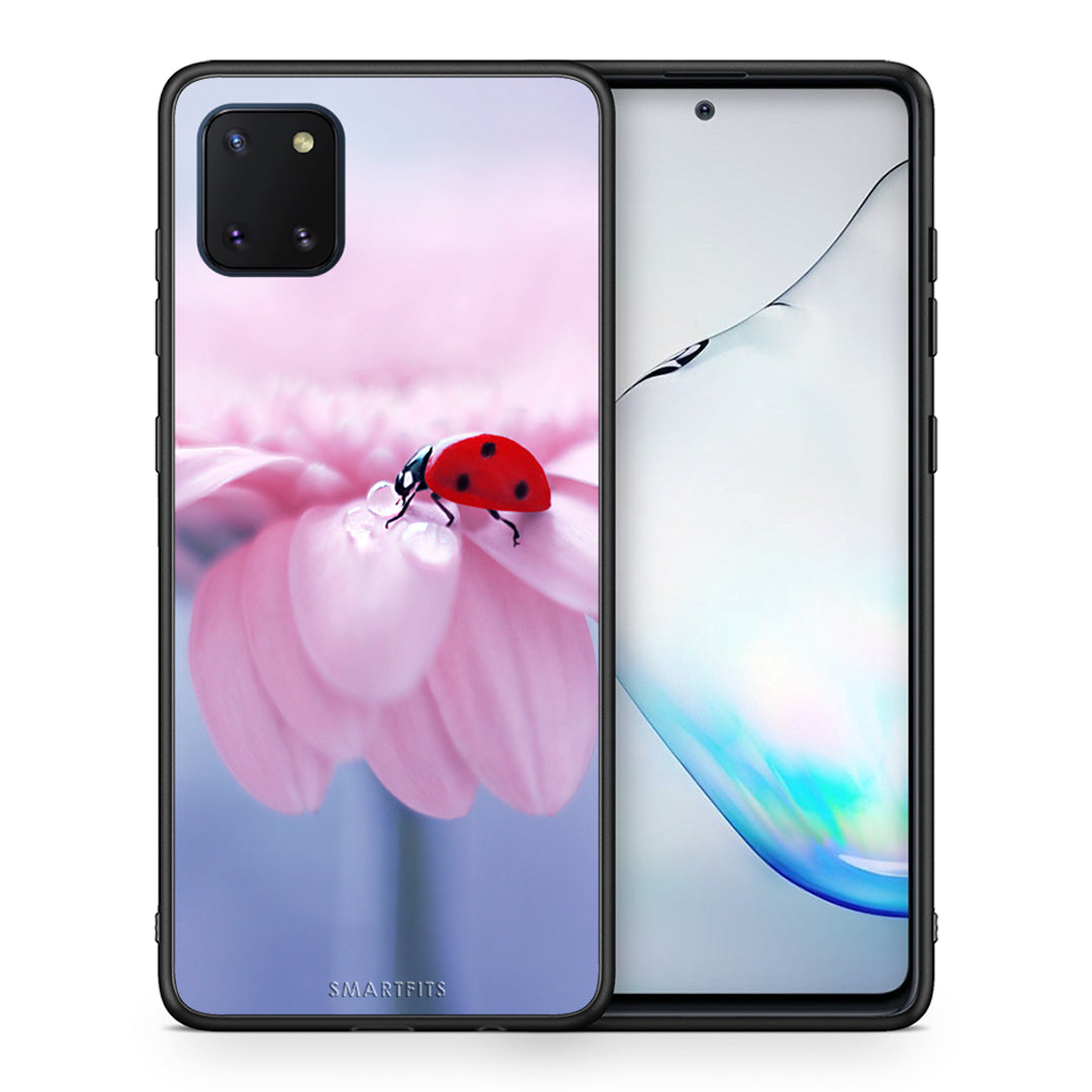 Θήκη Samsung Note 10 Lite Ladybug Flower από τη Smartfits με σχέδιο στο πίσω μέρος και μαύρο περίβλημα | Samsung Note 10 Lite Ladybug Flower case with colorful back and black bezels