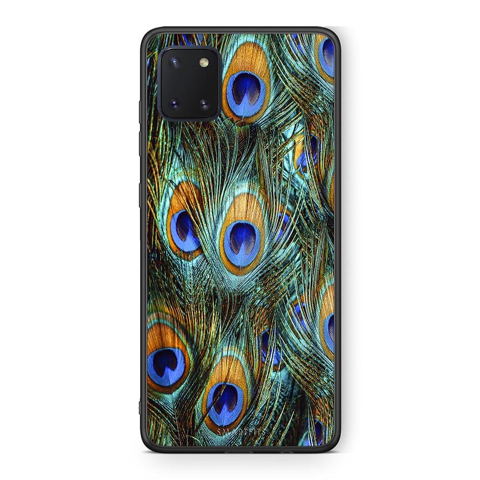 Samsung Note 10 Lite Real Peacock Feathers θήκη από τη Smartfits με σχέδιο στο πίσω μέρος και μαύρο περίβλημα | Smartphone case with colorful back and black bezels by Smartfits