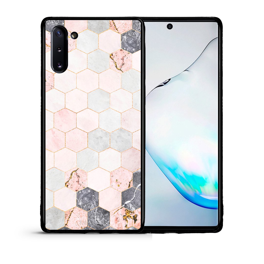 Θήκη Samsung Note 10 Hexagon Pink Marble από τη Smartfits με σχέδιο στο πίσω μέρος και μαύρο περίβλημα | Samsung Note 10 Hexagon Pink Marble case with colorful back and black bezels