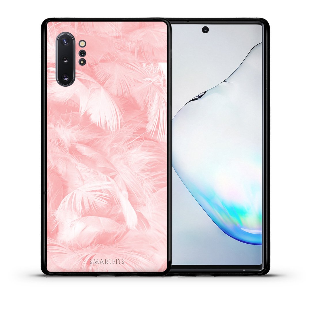 Θήκη Samsung Note 10+ Pink Feather Boho από τη Smartfits με σχέδιο στο πίσω μέρος και μαύρο περίβλημα | Samsung Note 10+ Pink Feather Boho case with colorful back and black bezels