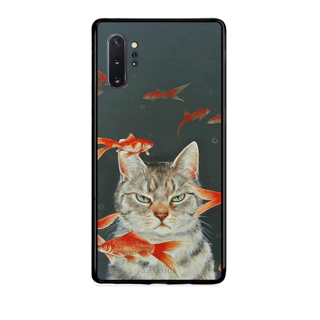Samsung Note 10+ Cat Goldfish θήκη από τη Smartfits με σχέδιο στο πίσω μέρος και μαύρο περίβλημα | Smartphone case with colorful back and black bezels by Smartfits