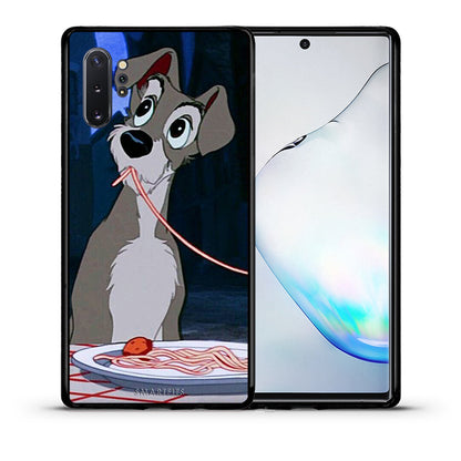Θήκη Αγίου Βαλεντίνου Samsung Note 10+ Lady And Tramp 1 από τη Smartfits με σχέδιο στο πίσω μέρος και μαύρο περίβλημα | Samsung Note 10+ Lady And Tramp 1 case with colorful back and black bezels