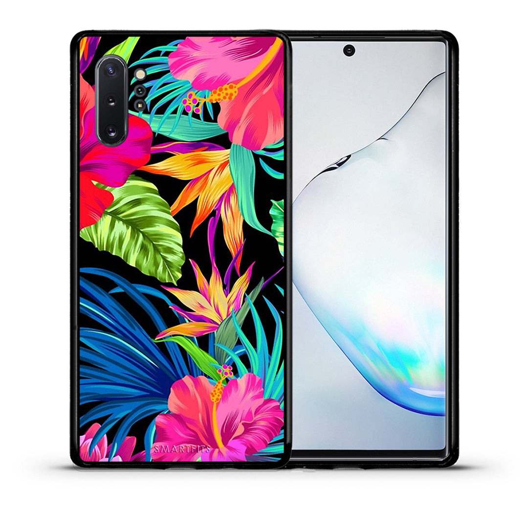 Θήκη Samsung Note 10+ Tropical Flowers από τη Smartfits με σχέδιο στο πίσω μέρος και μαύρο περίβλημα | Samsung Note 10+ Tropical Flowers case with colorful back and black bezels