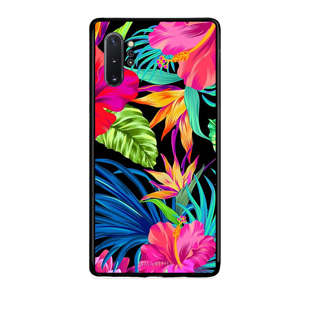 Samsung Note 10+ Tropical Flowers θήκη από τη Smartfits με σχέδιο στο πίσω μέρος και μαύρο περίβλημα | Smartphone case with colorful back and black bezels by Smartfits