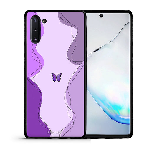 Θήκη Αγίου Βαλεντίνου Samsung Note 10 Purple Mariposa από τη Smartfits με σχέδιο στο πίσω μέρος και μαύρο περίβλημα | Samsung Note 10 Purple Mariposa case with colorful back and black bezels