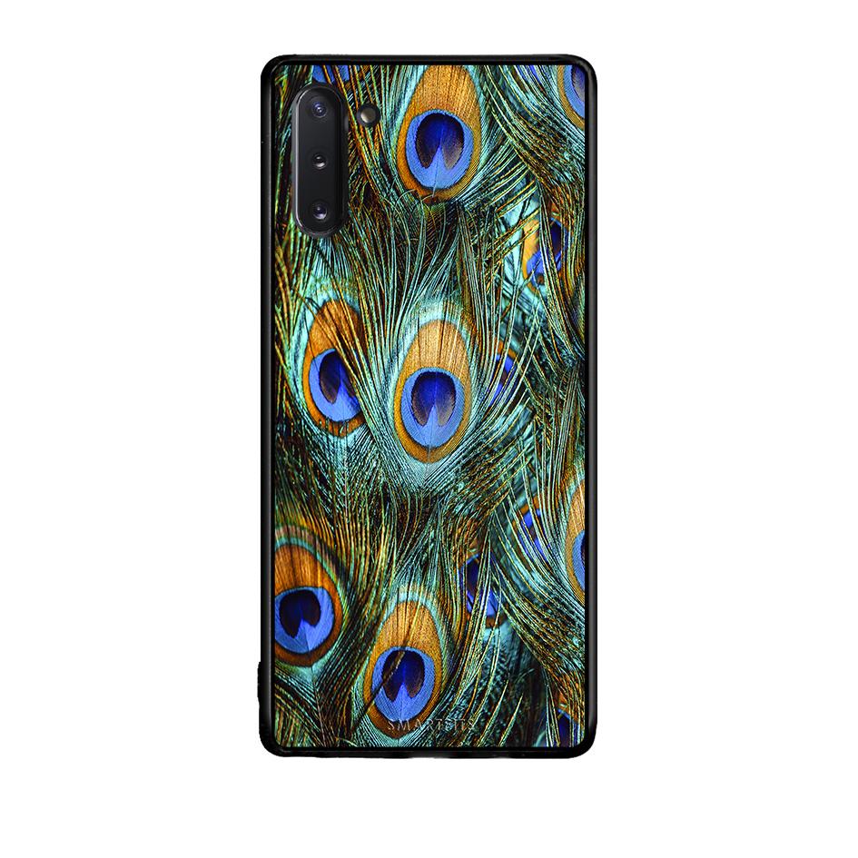 Samsung Note 10 Real Peacock Feathers θήκη από τη Smartfits με σχέδιο στο πίσω μέρος και μαύρο περίβλημα | Smartphone case with colorful back and black bezels by Smartfits