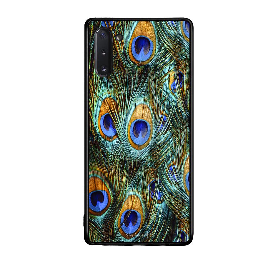 Samsung Note 10 Real Peacock Feathers θήκη από τη Smartfits με σχέδιο στο πίσω μέρος και μαύρο περίβλημα | Smartphone case with colorful back and black bezels by Smartfits