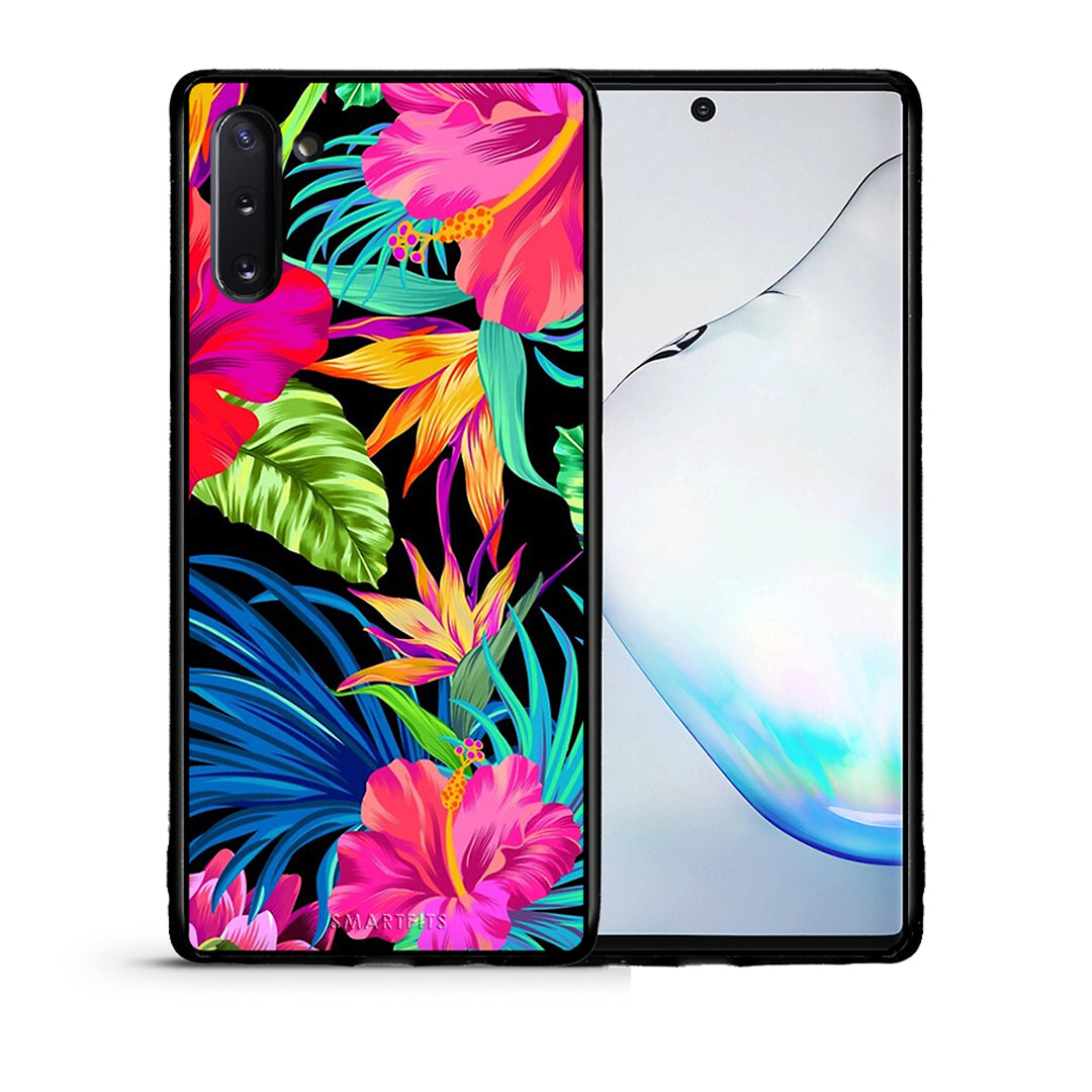 Θήκη Samsung Note 10 Tropical Flowers από τη Smartfits με σχέδιο στο πίσω μέρος και μαύρο περίβλημα | Samsung Note 10 Tropical Flowers case with colorful back and black bezels