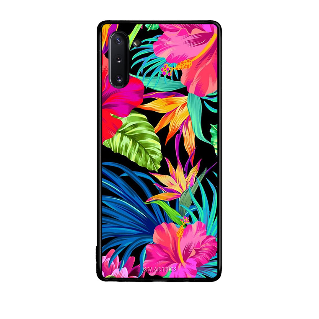 Samsung Note 10 Tropical Flowers θήκη από τη Smartfits με σχέδιο στο πίσω μέρος και μαύρο περίβλημα | Smartphone case with colorful back and black bezels by Smartfits