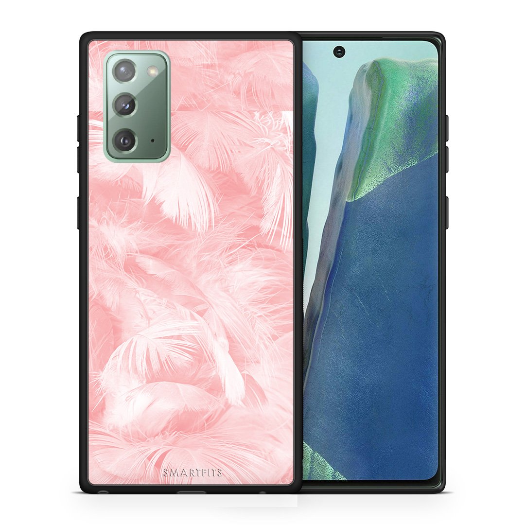 Θήκη Samsung Note 20 Pink Feather Boho από τη Smartfits με σχέδιο στο πίσω μέρος και μαύρο περίβλημα | Samsung Note 20 Pink Feather Boho case with colorful back and black bezels