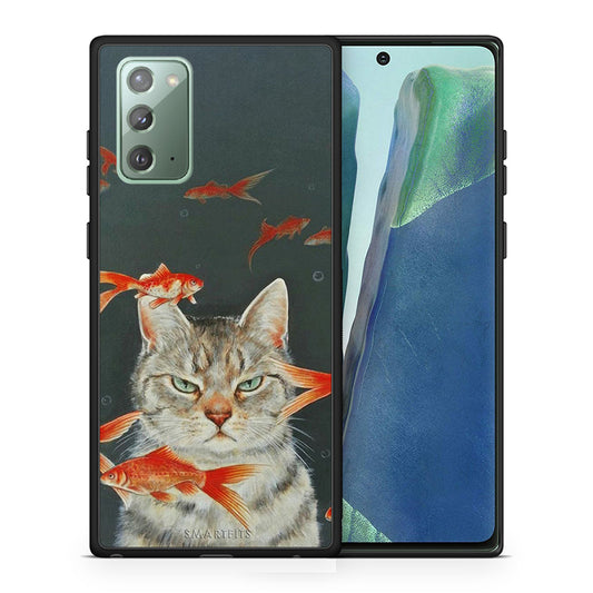 Θήκη Samsung Note 20 Cat Goldfish από τη Smartfits με σχέδιο στο πίσω μέρος και μαύρο περίβλημα | Samsung Note 20 Cat Goldfish case with colorful back and black bezels
