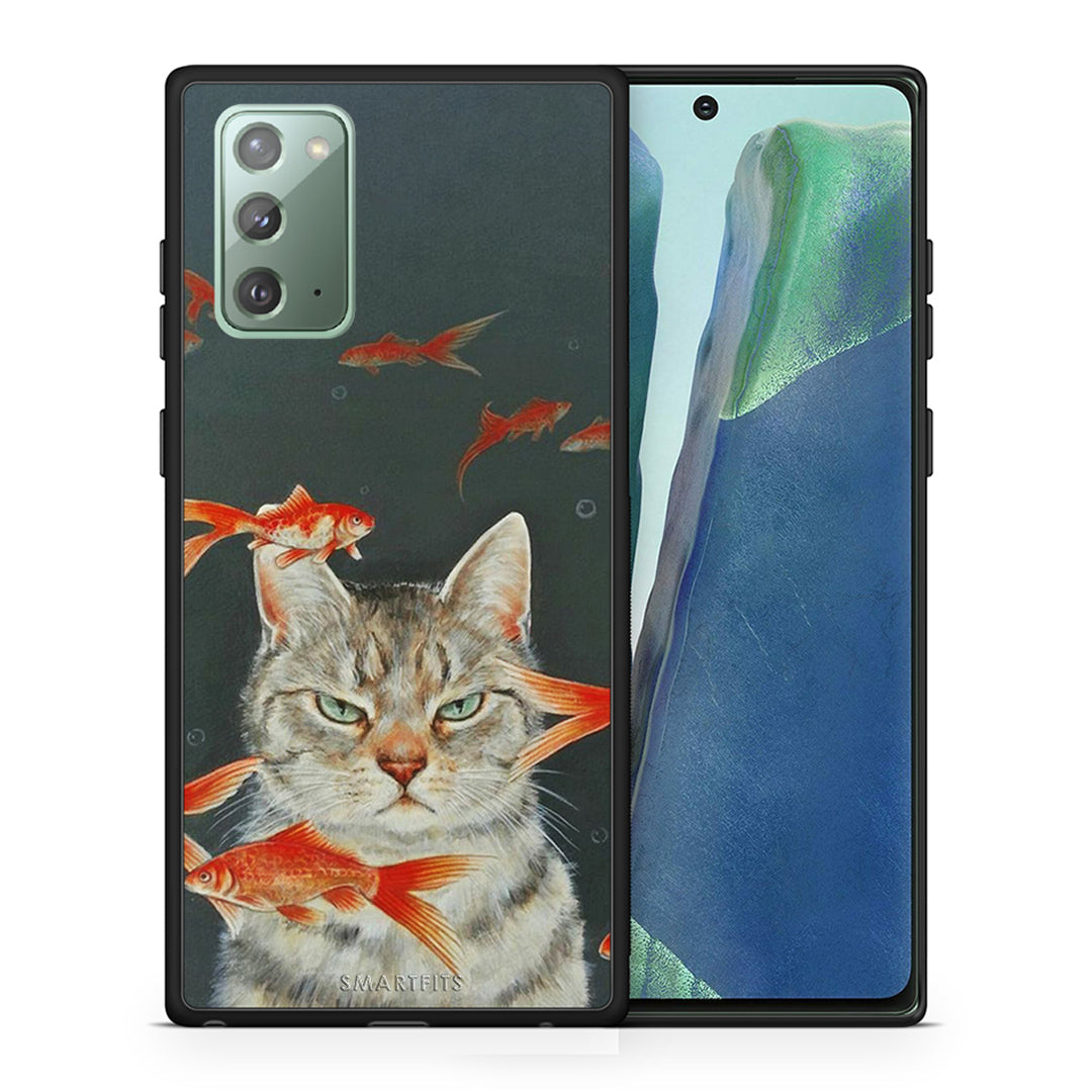 Θήκη Samsung Note 20 Cat Goldfish από τη Smartfits με σχέδιο στο πίσω μέρος και μαύρο περίβλημα | Samsung Note 20 Cat Goldfish case with colorful back and black bezels