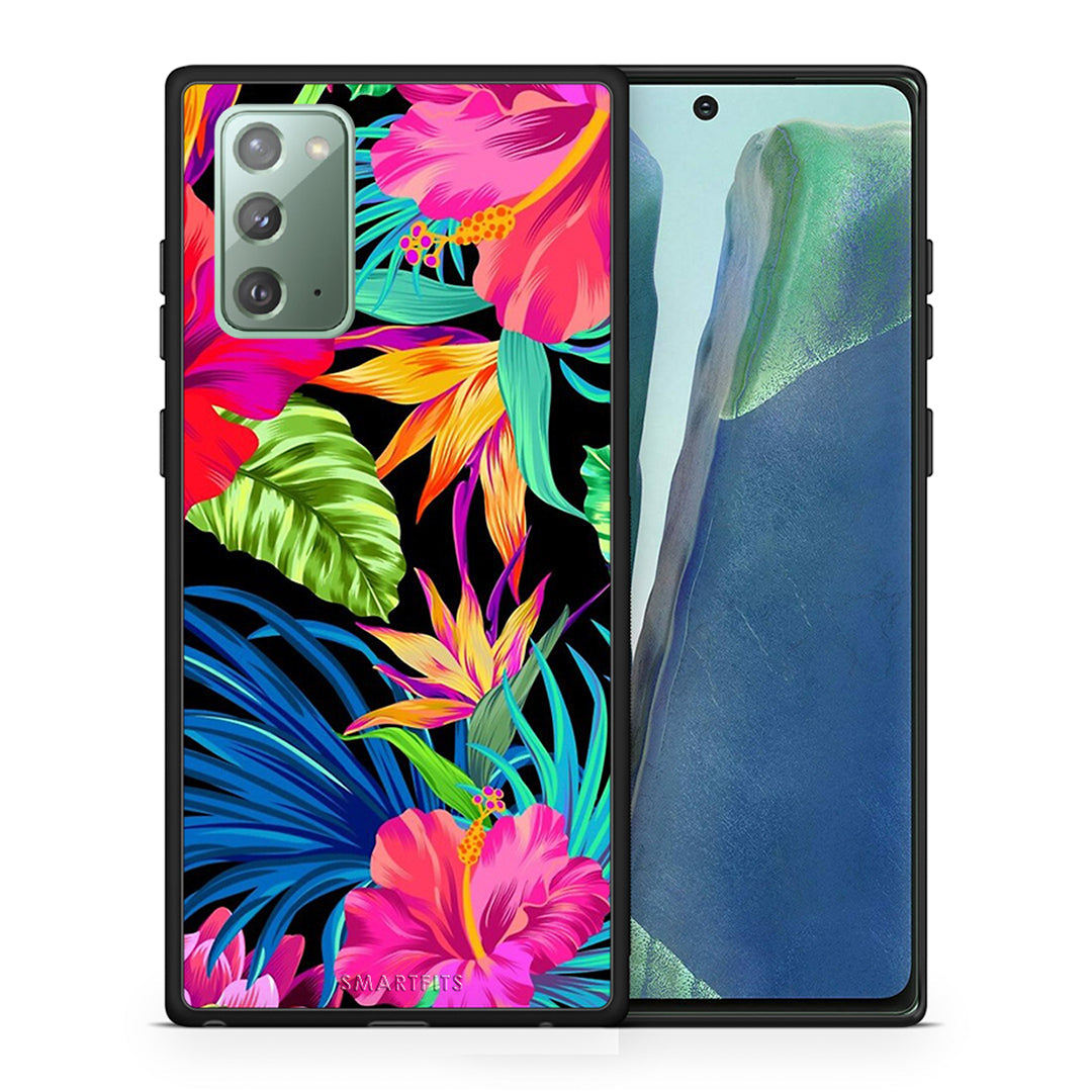Θήκη Samsung Note 20 Tropical Flowers από τη Smartfits με σχέδιο στο πίσω μέρος και μαύρο περίβλημα | Samsung Note 20 Tropical Flowers case with colorful back and black bezels