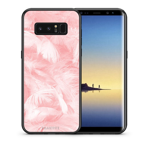 Θήκη Samsung Note 8 Pink Feather Boho από τη Smartfits με σχέδιο στο πίσω μέρος και μαύρο περίβλημα | Samsung Note 8 Pink Feather Boho case with colorful back and black bezels