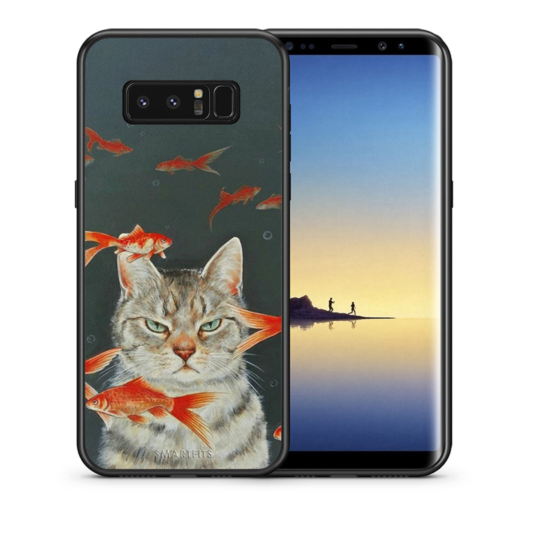 Θήκη Samsung Note 8 Cat Goldfish από τη Smartfits με σχέδιο στο πίσω μέρος και μαύρο περίβλημα | Samsung Note 8 Cat Goldfish case with colorful back and black bezels