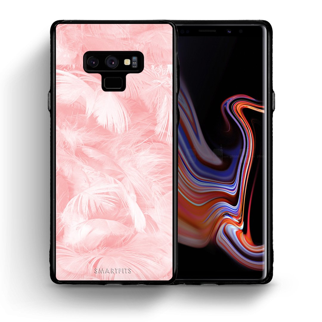 Θήκη Samsung Note 9 Pink Feather Boho από τη Smartfits με σχέδιο στο πίσω μέρος και μαύρο περίβλημα | Samsung Note 9 Pink Feather Boho case with colorful back and black bezels