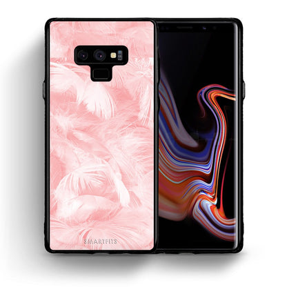 Θήκη Samsung Note 9 Pink Feather Boho από τη Smartfits με σχέδιο στο πίσω μέρος και μαύρο περίβλημα | Samsung Note 9 Pink Feather Boho case with colorful back and black bezels