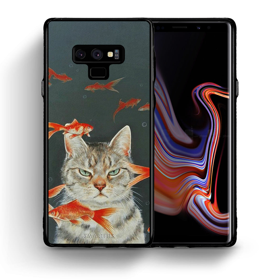 Θήκη Samsung Note 9 Cat Goldfish από τη Smartfits με σχέδιο στο πίσω μέρος και μαύρο περίβλημα | Samsung Note 9 Cat Goldfish case with colorful back and black bezels