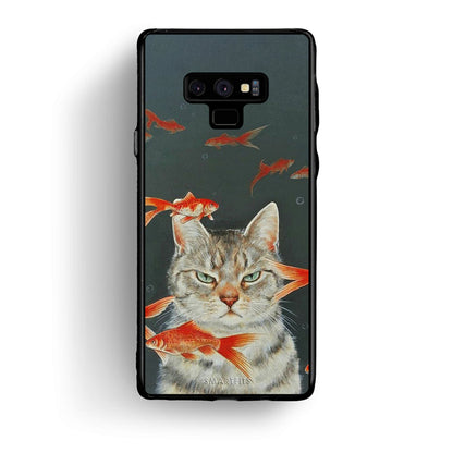 samsung note 9 Cat Goldfish θήκη από τη Smartfits με σχέδιο στο πίσω μέρος και μαύρο περίβλημα | Smartphone case with colorful back and black bezels by Smartfits