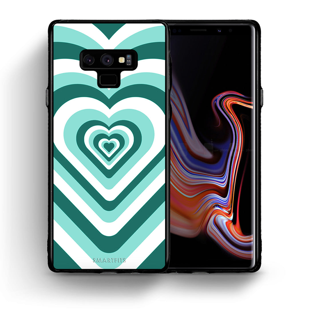 Θήκη Samsung Note 9 Green Hearts από τη Smartfits με σχέδιο στο πίσω μέρος και μαύρο περίβλημα | Samsung Note 9 Green Hearts case with colorful back and black bezels