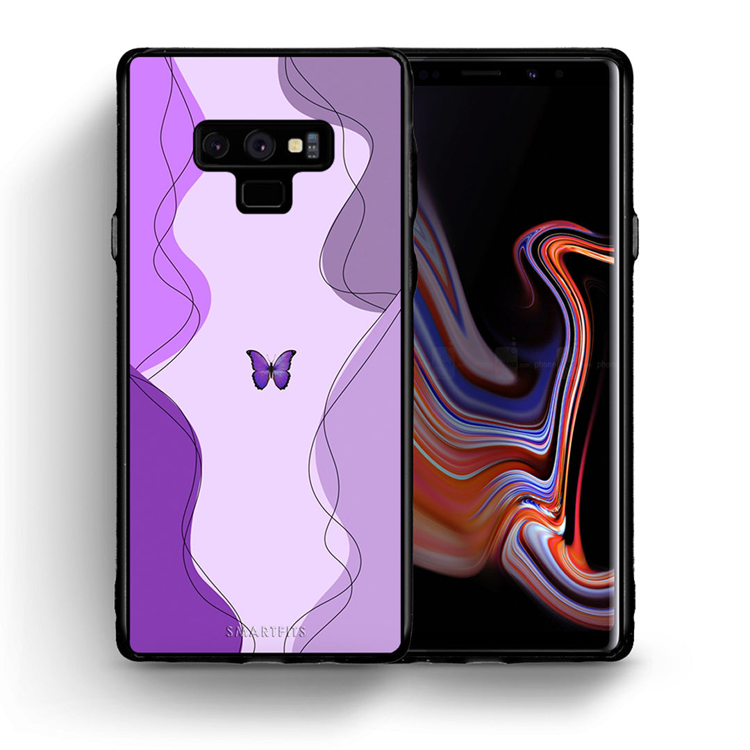 Θήκη Αγίου Βαλεντίνου Samsung Note 9 Purple Mariposa από τη Smartfits με σχέδιο στο πίσω μέρος και μαύρο περίβλημα | Samsung Note 9 Purple Mariposa case with colorful back and black bezels