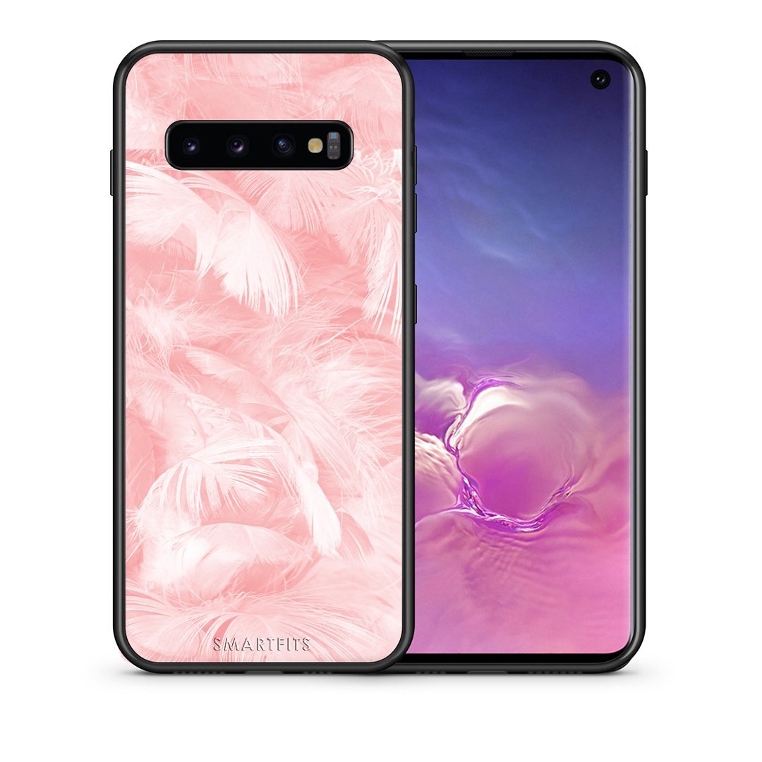 Θήκη Samsung S10 Pink Feather Boho από τη Smartfits με σχέδιο στο πίσω μέρος και μαύρο περίβλημα | Samsung S10 Pink Feather Boho case with colorful back and black bezels