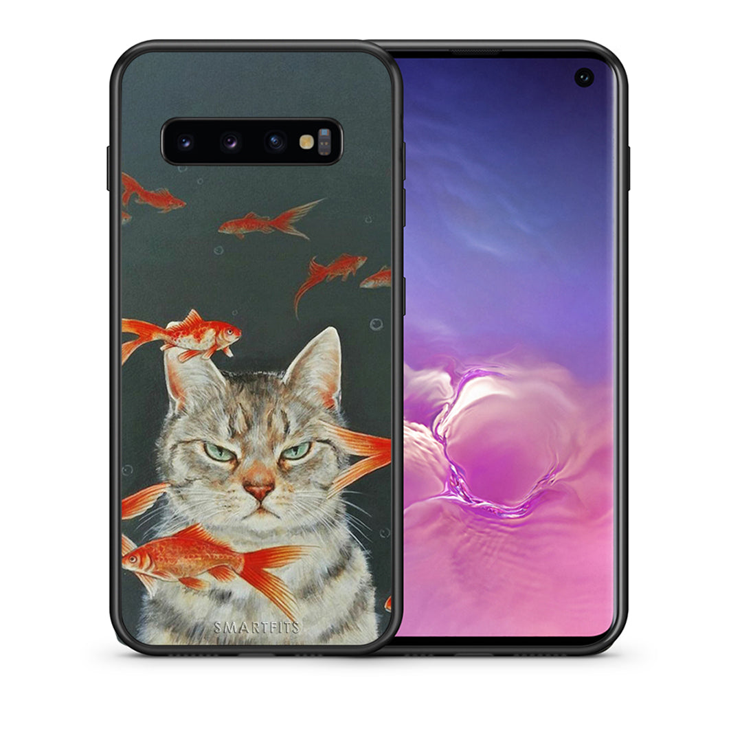 Θήκη Samsung S10+ Cat Goldfish από τη Smartfits με σχέδιο στο πίσω μέρος και μαύρο περίβλημα | Samsung S10+ Cat Goldfish case with colorful back and black bezels