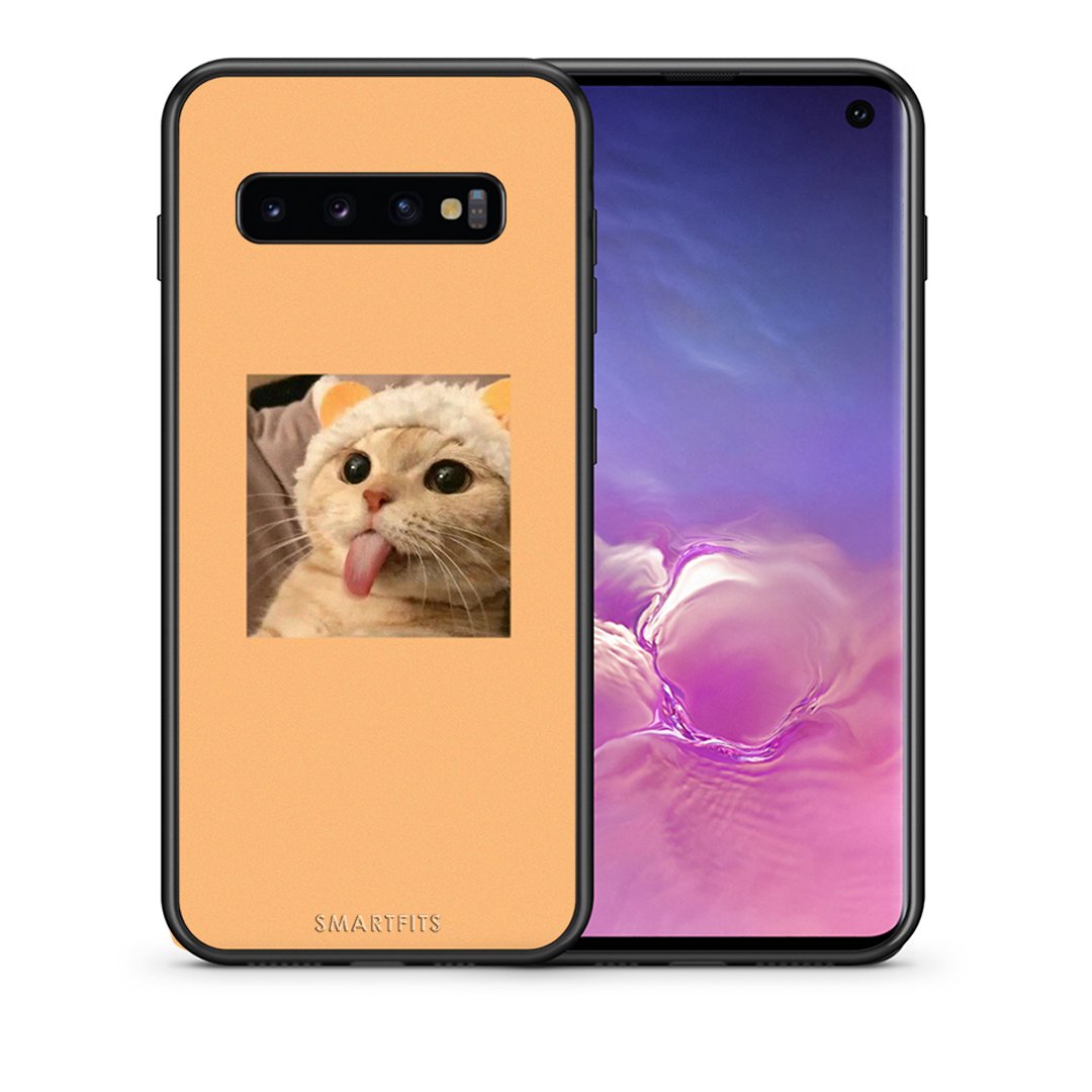 Θήκη Samsung S10 Cat Tongue από τη Smartfits με σχέδιο στο πίσω μέρος και μαύρο περίβλημα | Samsung S10 Cat Tongue case with colorful back and black bezels