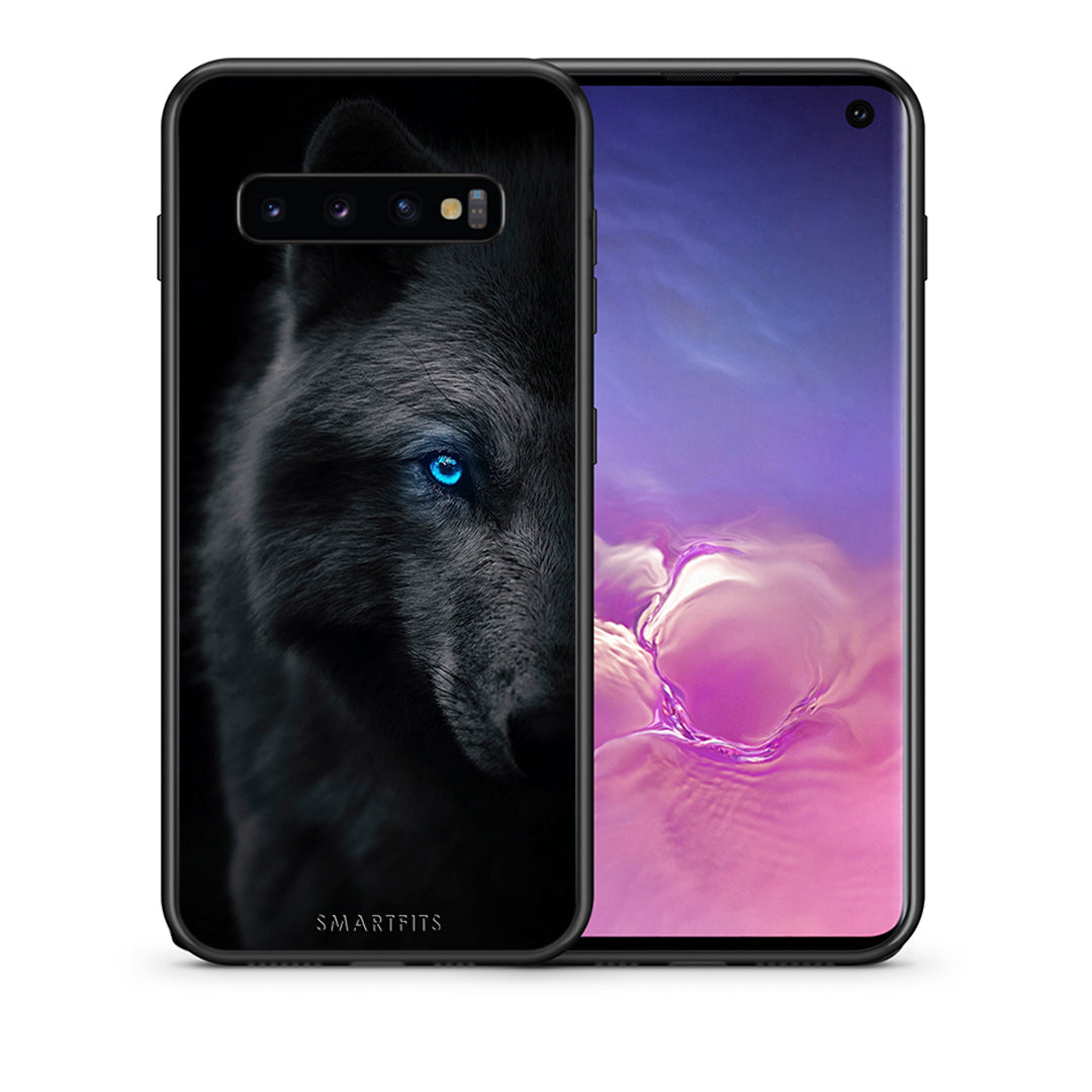 Θήκη Samsung S10+ Dark Wolf από τη Smartfits με σχέδιο στο πίσω μέρος και μαύρο περίβλημα | Samsung S10+ Dark Wolf case with colorful back and black bezels