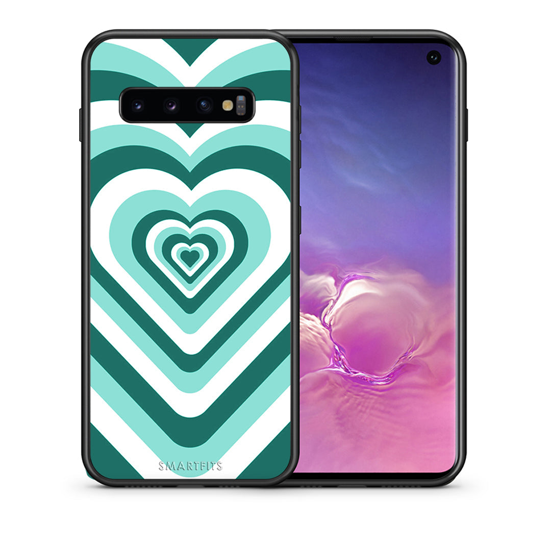 Θήκη Samsung S10 Green Hearts από τη Smartfits με σχέδιο στο πίσω μέρος και μαύρο περίβλημα | Samsung S10 Green Hearts case with colorful back and black bezels