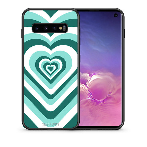 Θήκη Samsung S10 Green Hearts από τη Smartfits με σχέδιο στο πίσω μέρος και μαύρο περίβλημα | Samsung S10 Green Hearts case with colorful back and black bezels