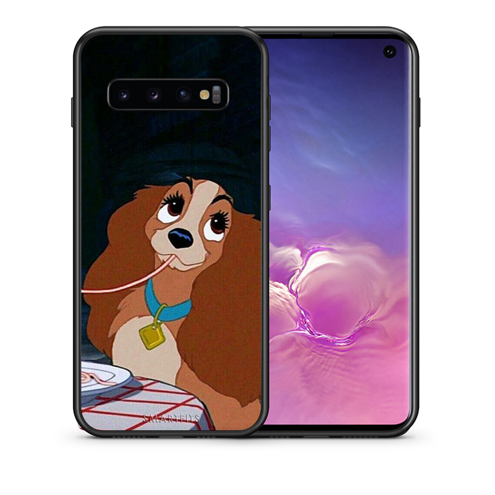 Θήκη Αγίου Βαλεντίνου Samsung S10 Lady And Tramp 2 από τη Smartfits με σχέδιο στο πίσω μέρος και μαύρο περίβλημα | Samsung S10 Lady And Tramp 2 case with colorful back and black bezels