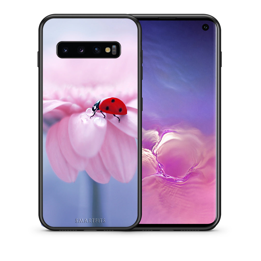 Θήκη Samsung S10+ Ladybug Flower από τη Smartfits με σχέδιο στο πίσω μέρος και μαύρο περίβλημα | Samsung S10+ Ladybug Flower case with colorful back and black bezels