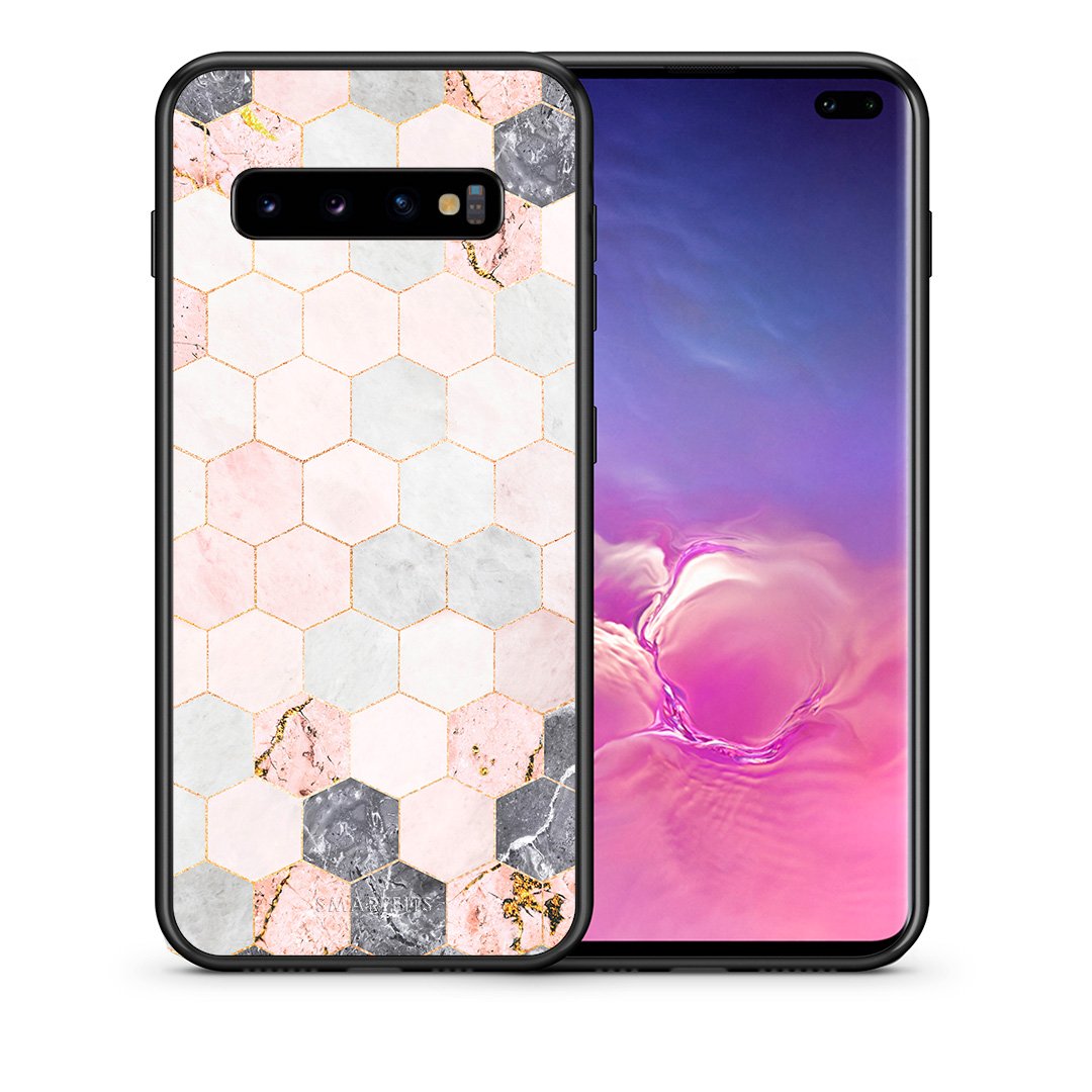 Θήκη Samsung S10+ Hexagon Pink Marble από τη Smartfits με σχέδιο στο πίσω μέρος και μαύρο περίβλημα | Samsung S10+ Hexagon Pink Marble case with colorful back and black bezels
