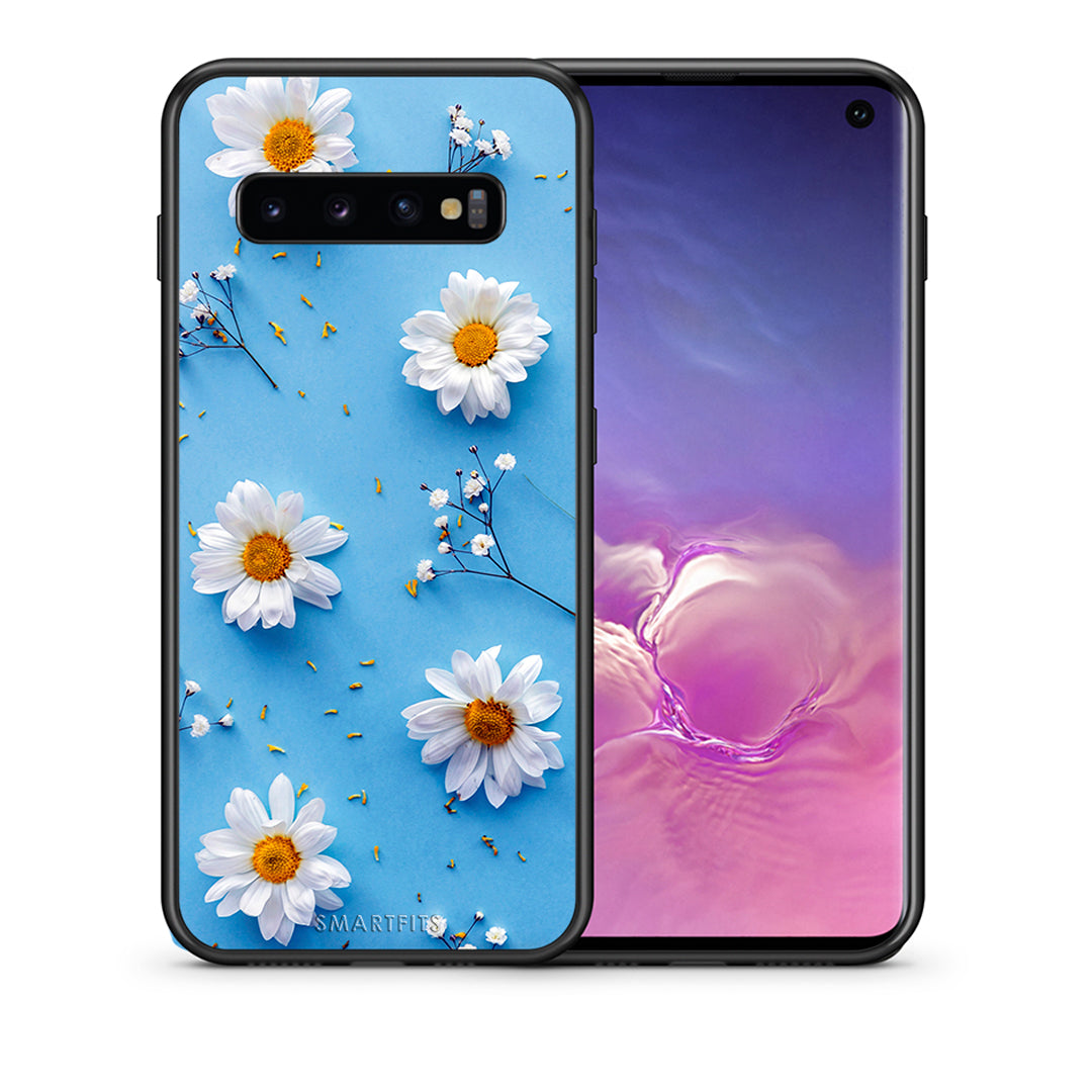 Θήκη Samsung S10 Real Daisies από τη Smartfits με σχέδιο στο πίσω μέρος και μαύρο περίβλημα | Samsung S10 Real Daisies case with colorful back and black bezels