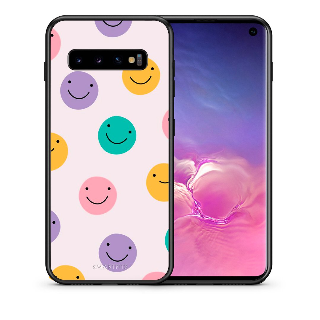 Θήκη Samsung S10 Smiley Faces από τη Smartfits με σχέδιο στο πίσω μέρος και μαύρο περίβλημα | Samsung S10 Smiley Faces case with colorful back and black bezels